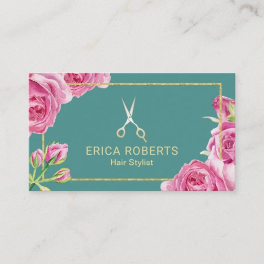 Hair Stylist Elegant Floral Gold Scissor Salon Visitekaartje (Voorkant)