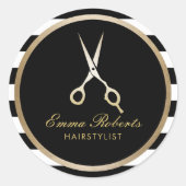 Hair Stylist Elegant Gold Scissor Modern Stripes Ronde Sticker (Voorkant)