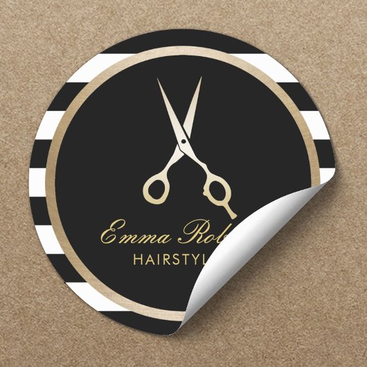 Hair Stylist Elegant Gold Scissor Modern Stripes Ronde Sticker