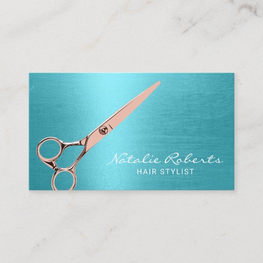 Hair Stylist Elegant Roos Gold Scissor Turquoise Visitekaartje (Voorkant)
