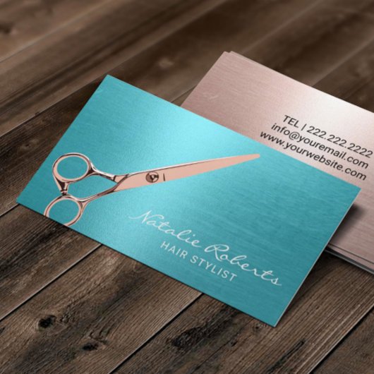 Hair Stylist Elegant Roos Gold Scissor Turquoise Visitekaartje