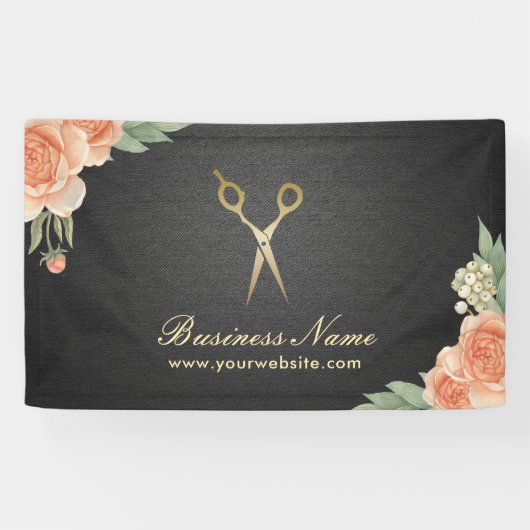 Hair Stylist  Floral Elegant Black & Gold Spandoek (Horizontaal)