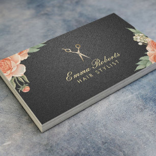 Hair Stylist  Floral Elegant Black & Gold Visitekaartje