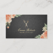 Hair Stylist  Floral Elegant Black & Gold Visitekaartje (Voorkant)