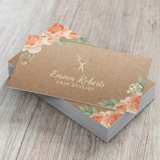 Hair Stylist  Floral Rustic Kraft Visitekaartje