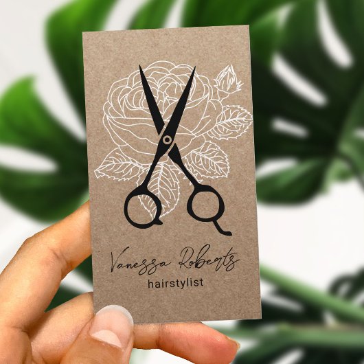 Hair Stylist Floral Scissor Rustic Kraft Visitekaartje