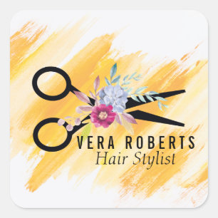 Hair Stylist Gold Scissor & Beauty Salon Floral Vierkante Sticker