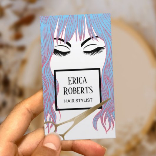 Hair Stylist Gold Scissor & Blue Hair Girl Salon Visitekaartje