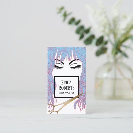 Hair Stylist Gold Scissor & Blue Hair Girl Salon Visitekaartje (Staand voorkant)
