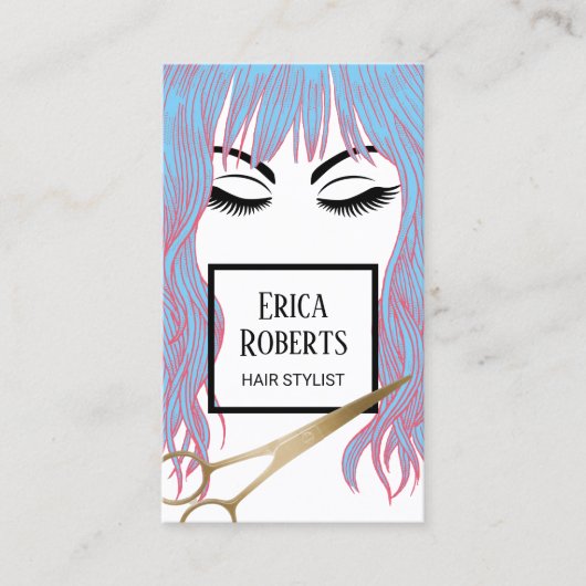 Hair Stylist Gold Scissor & Blue Hair Girl Salon Visitekaartje (Voorkant)