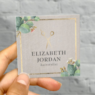 Hair Stylist Gold Scissor Botanische  Linen Vierkante Visitekaartje