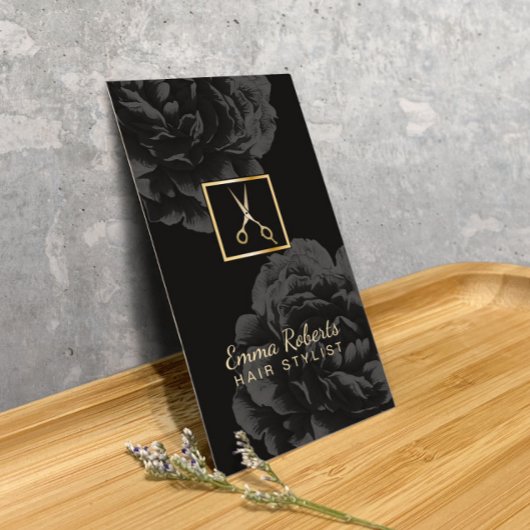 Hair Stylist Gold Scissor Classy Black Floral Visitekaartje