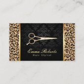 Hair Stylist Gold Scissor Damask Leopard Print Visitekaartje (Voorkant)