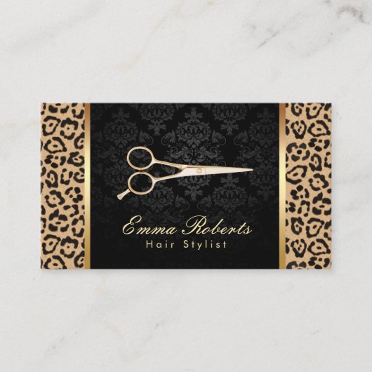 Hair Stylist Gold Scissor Damask Leopard Print Visitekaartje (Voorkant)