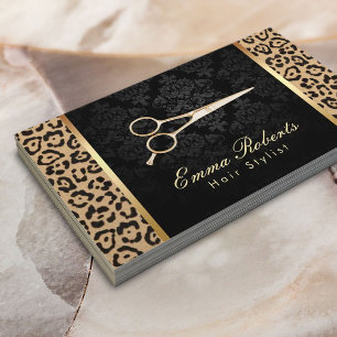 Hair Stylist Gold Scissor Damask Leopard Print Visitekaartje