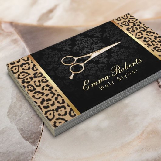 Hair Stylist Gold Scissor Damask Leopard Print Visitekaartje