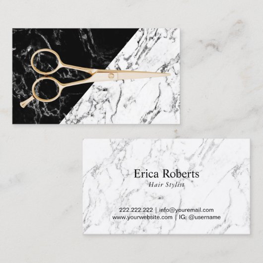 Hair Stylist Gold Scissor Elegant Marble Salon Visitekaartje (Voorkant / Achterkant)