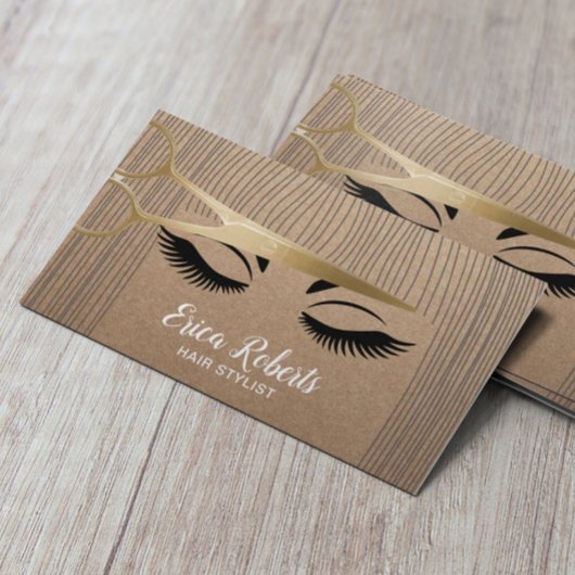 Hair Stylist Gold Scissor & Girl Rustic Kraft Visitekaartje