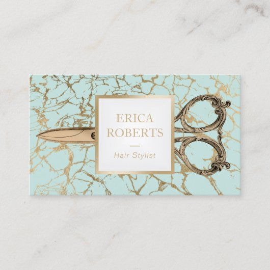 Hair Stylist Gold Scissor Modern Mint Marble Salon Visitekaartje (Voorkant)