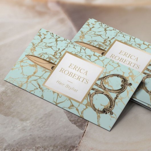 Hair Stylist Gold Scissor Modern Mint Marble Salon Visitekaartje