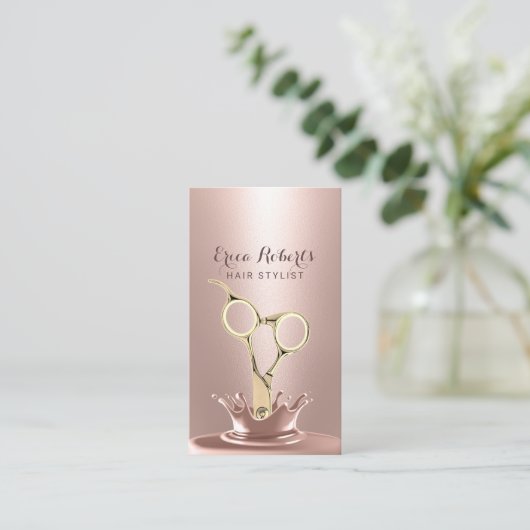 Hair Stylist Gold Scissor Modern Roos Gold Splash Visitekaartje (Staand voorkant)