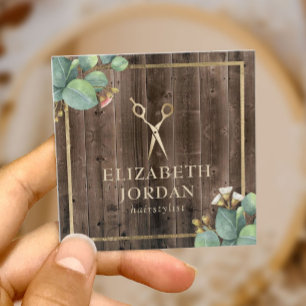 Hair Stylist Gold Scissor Salon Botanical Wood Vierkante Visitekaartje