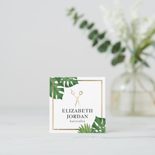 Hair Stylist Gold Scissor Salon Tropical Leaves Vierkante Visitekaartje (Staand voorkant)