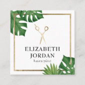 Hair Stylist Gold Scissor Salon Tropical Leaves Vierkante Visitekaartje (Voorkant)