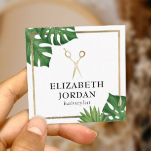 Hair Stylist Gold Scissor Salon Tropical Leaves Vierkante Visitekaartje