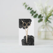 Hair Stylist Gold Scissor Stylist Black Floral Visitekaartje (Staand voorkant)