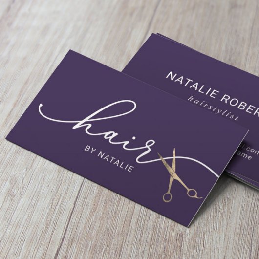 Hair Stylist Gold Scissor Typography Deep Paars Visitekaartje