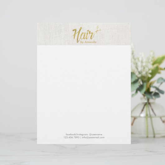 Hair Stylist Gold Script Elegant Linen Custom Briefhoofd (Staand voorkant)