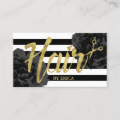 Hair Stylist Gold Script Modern Black Floral Visitekaartje (Voorkant)