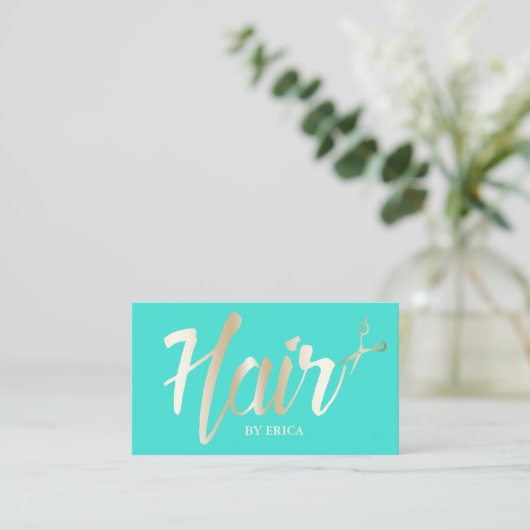 Hair Stylist Gold Script Modern Turquoise Visitekaartje (Staand voorkant)