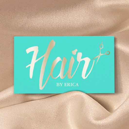 Hair Stylist Gold Script Modern Turquoise Visitekaartje