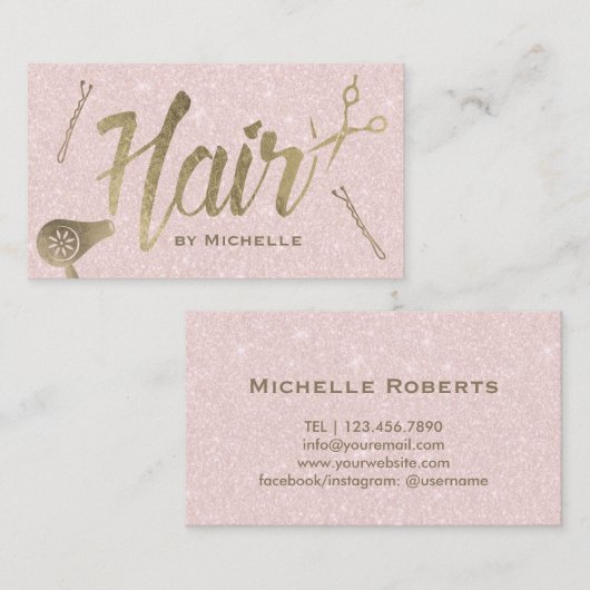 Hair Stylist Gold Typografie Blush Pink Glitter Visitekaartje (Voorkant / Achterkant)