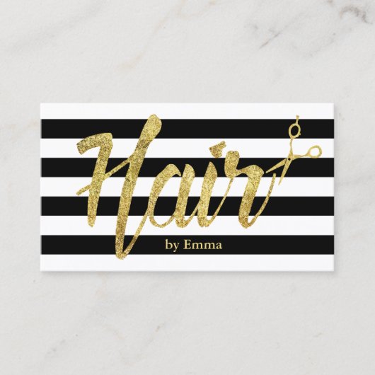 Hair Stylist Gold Typography Black White Stripes Visitekaartje (Voorkant)