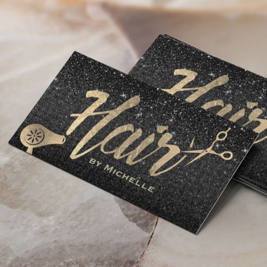 Hair Stylist Gold Typography Modern Black Glitter Visitekaartje