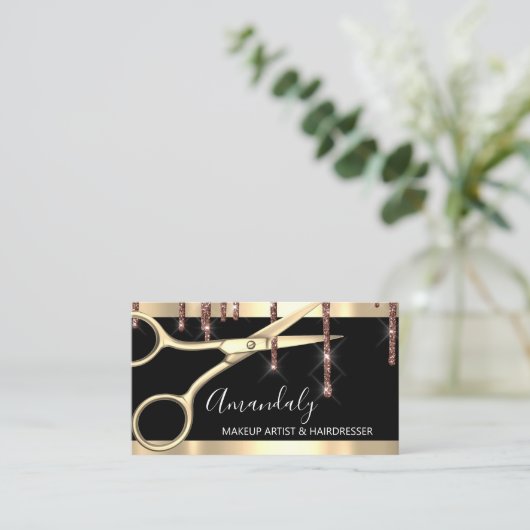 Hair Stylist Hairdresser Golden Scissors Black Visitekaartje (Staand voorkant)