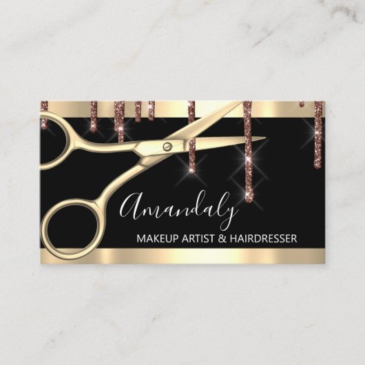 Hair Stylist Hairdresser Golden Scissors Black Visitekaartje (Voorkant)
