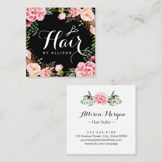 Hair Stylist Hairdresser Scissors Floral Wrapping Vierkante Visitekaartje (Voorkant / Achterkant)