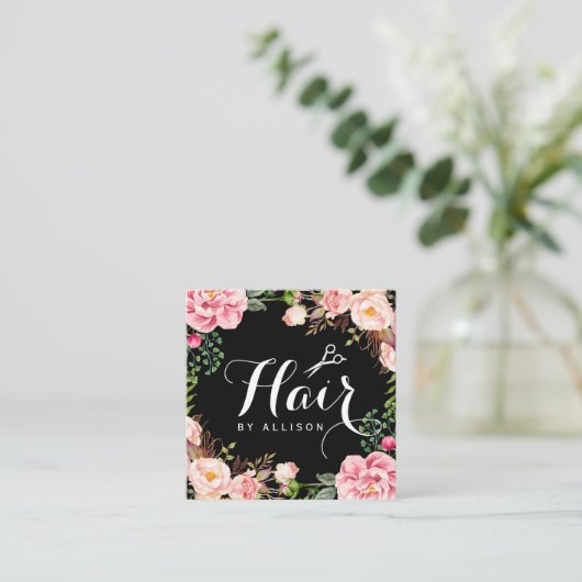 Hair Stylist Hairdresser Scissors Floral Wrapping Vierkante Visitekaartje (Staand voorkant)