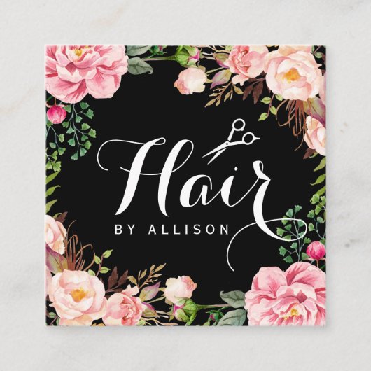 Hair Stylist Hairdresser Scissors Floral Wrapping Vierkante Visitekaartje (Voorkant)