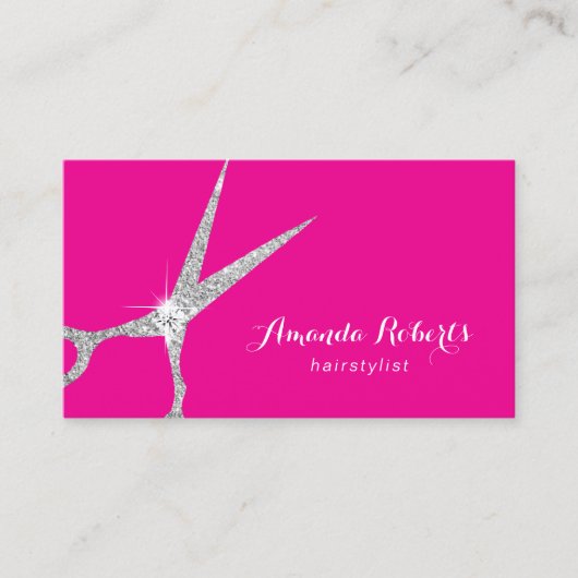 Hair Stylist Hot Pink Silver Glitter Scissor Salon Visitekaartje (Voorkant)