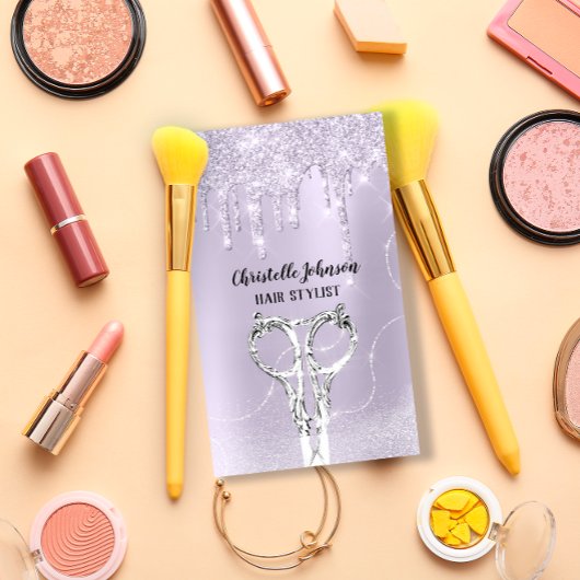 Hair Stylist Lavender Drip Glitter Silver Scissors Visitekaartje