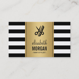 Hair Stylist Logo Elegant Gold Black White Stripes Visitekaartje