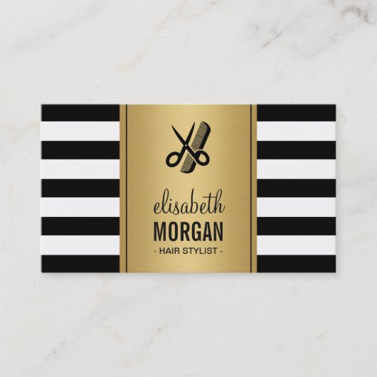 Hair Stylist Logo Elegant Gold Black White Stripes Visitekaartje (Voorkant)