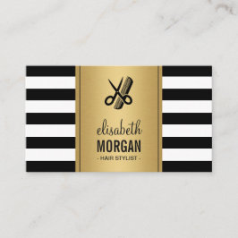 Hair Stylist Logo Elegant Gold Black White Stripes Visitekaartje