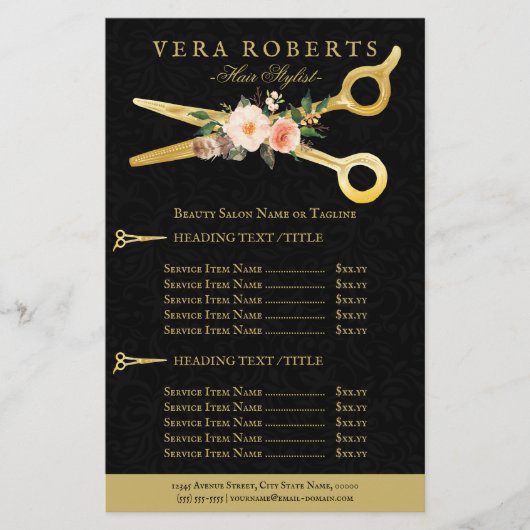 Hair Stylist Luxury Gold Scissors Black Damask Flyer (Voorkant)