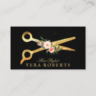 Hair Stylist Luxury Gold Scissors Black Damask Visitekaartje